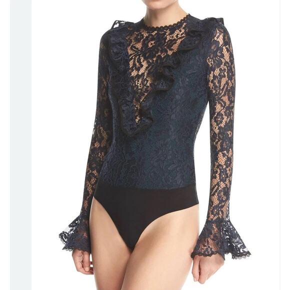 Alexis Bodysuit Womens Small Navy Lace Ruffle Pollie Illusion Long Sleeve Top - Picture 14 of 14